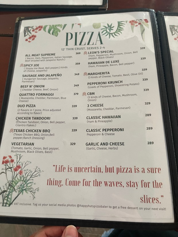 Happy Huts Pizza Menu