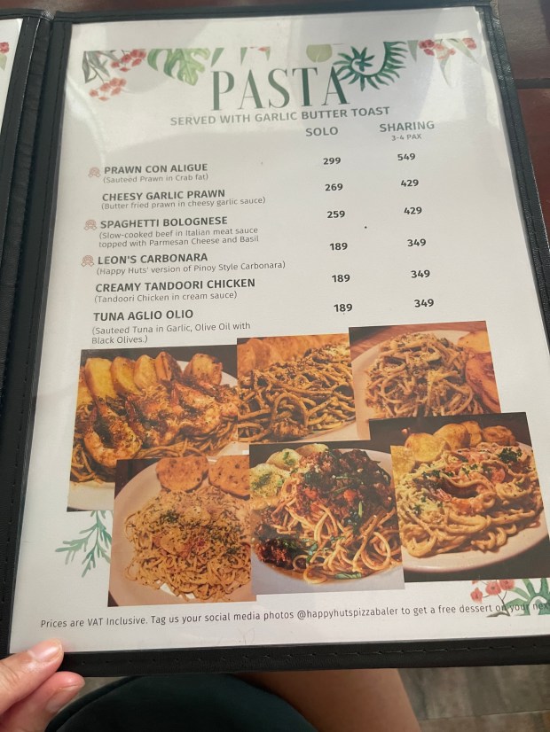 Happy Huts Pasta Menu