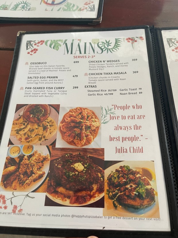 Happy Huts Mains Menu