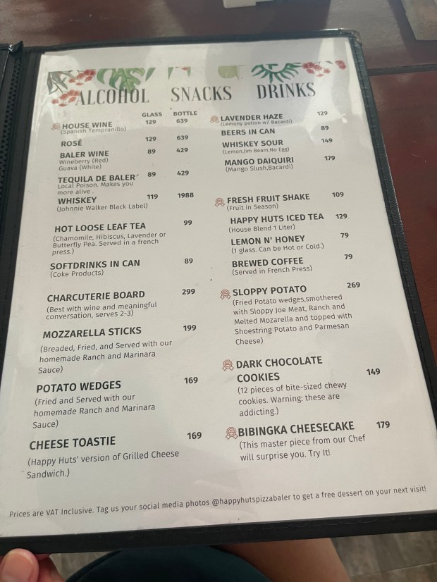 Happy Huts Alcohol Snacks Drinks Menu