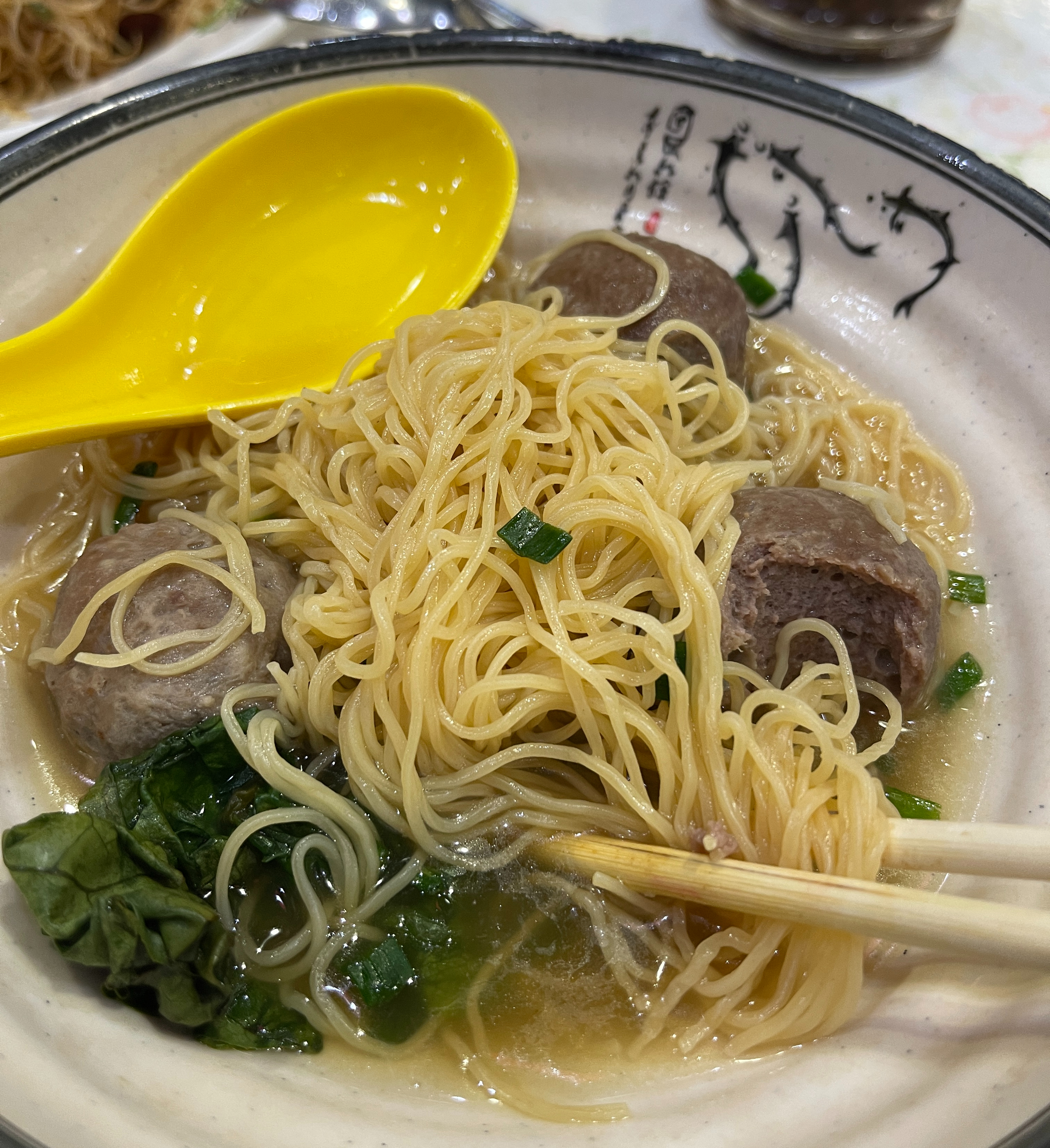 Hong Kong egg noodle soup with pork balls and beef balls