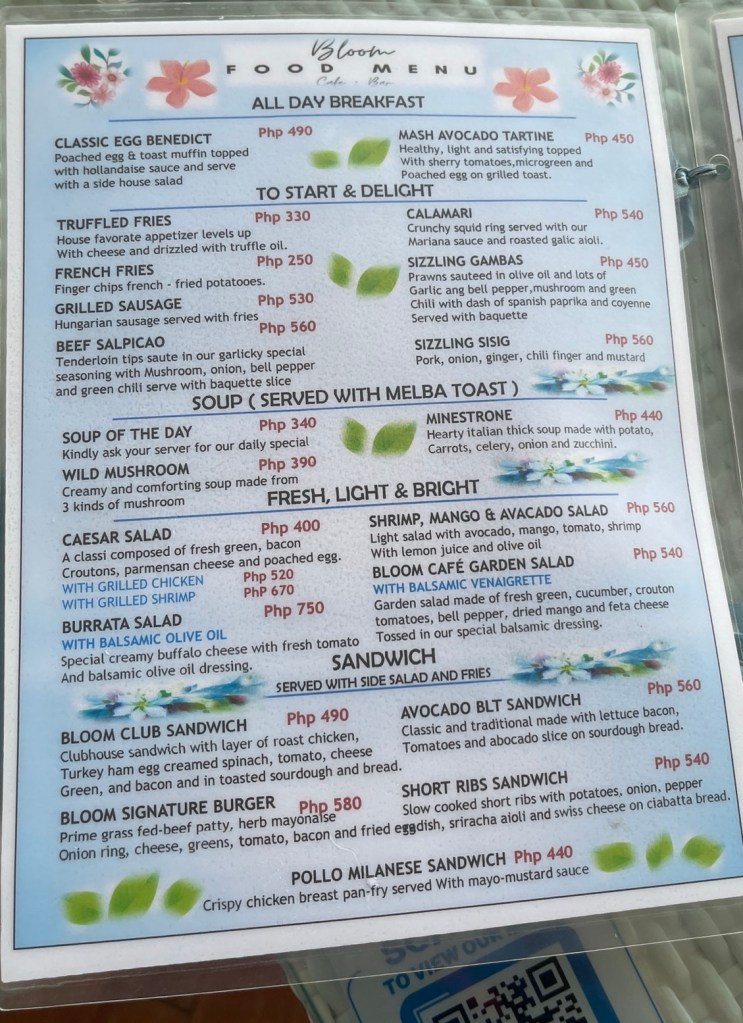 Bloom’s Bar and Café Menu 1