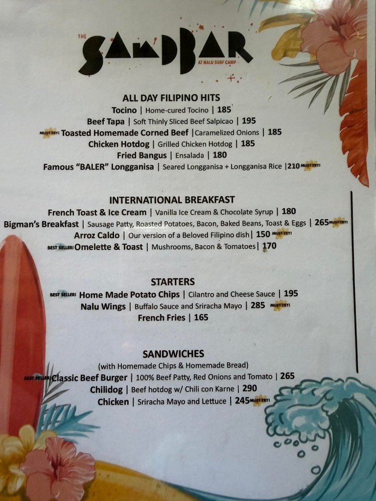 Sandbar's Menu 1