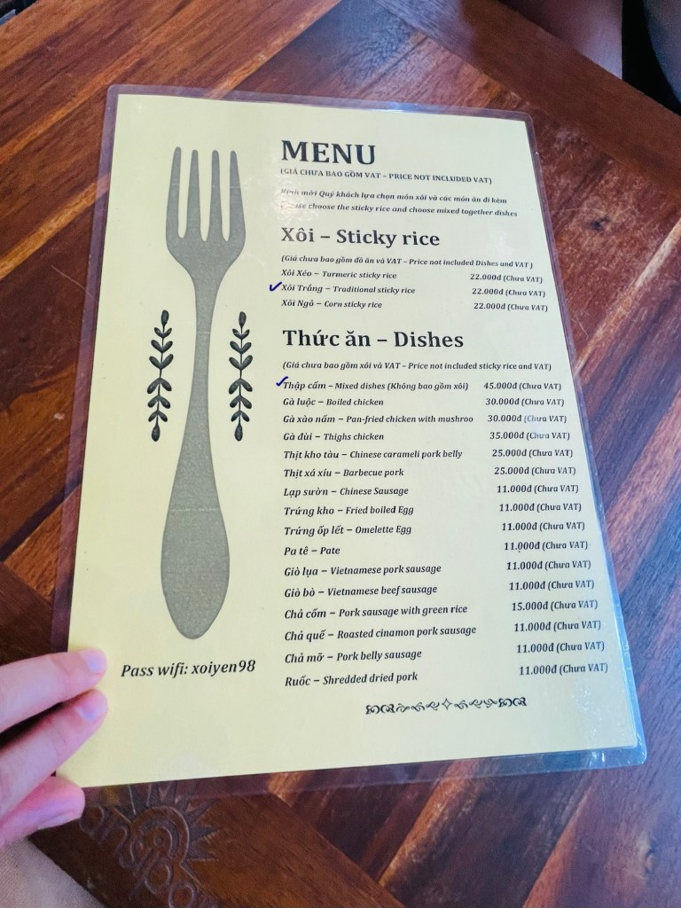 Xôi Yến Menu for dishes
