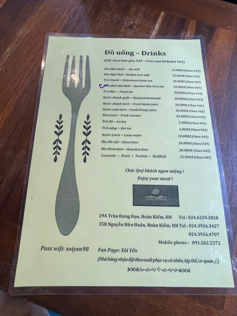 Xôi Yến Menu for drinks